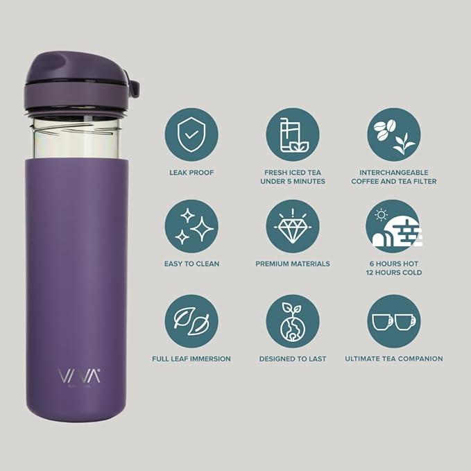 VIVA Recharge Purple Insulated Tea &amp Coffee Mug &amp Travel French Press Coffee Maker 16 oz Brew &amp Drink From the Same Mug On the Go or Camping