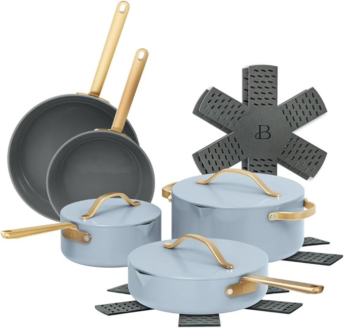 Pans12pc Ceramic Non-Stick Cookware Set by Drew Barrymore Pots &amp Pans with Lids Dishwasher‑SafeSoft‑Touch Handles Even‑Heat Base. (Cornflower Blue)