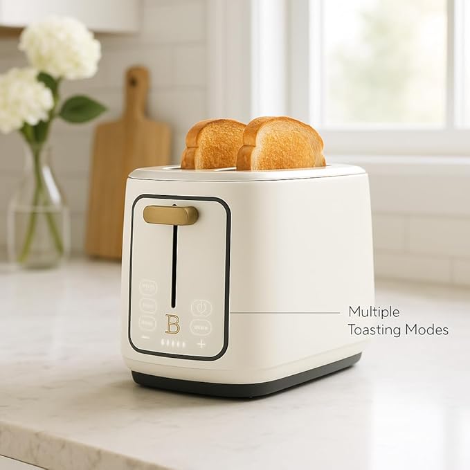 Bayfalcon 2 Slice Toaster with Touch-Activated Display White Icing Finish Wide Slots Bagel &amp Reheat Settings Adjustable Browning Removable Crumb Tray