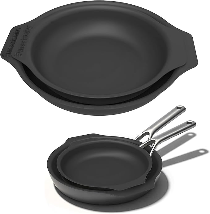Silicone Pan Protectors &amp Separators for Stacking (10 &amp 12 Inch) - Non-Toxic Heat-Resistant Pads | Dishwasher Safe Durable Cookware Protector (Black Mixed)