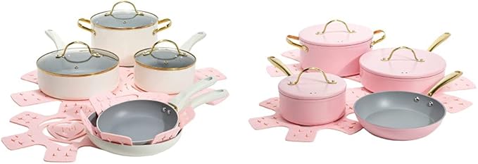 Paris Hilton 12-Piece Pink Nonstick Pots and Pans Set Multi-layer Nonstick Coating Tempered Glass Lids Soft Touch Stay Cool Handles Made without PFOA Dishwasher Safe Cookware Set