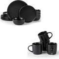 Famiware Mercury 16 Pieces Dinnerware Set with Plates and Bowls and Coffee Mugs Dish Set Service for 4 Stoneware Kitchen Dishes Dinner Sets - Full Glaze Matte Black