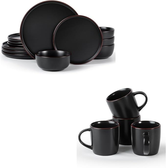 Famiware Mercury 16 Pieces Dinnerware Set with Plates and Bowls and Coffee Mugs Dish Set Service for 4 Stoneware Kitchen Dishes Dinner Sets - Full Glaze Matte Black