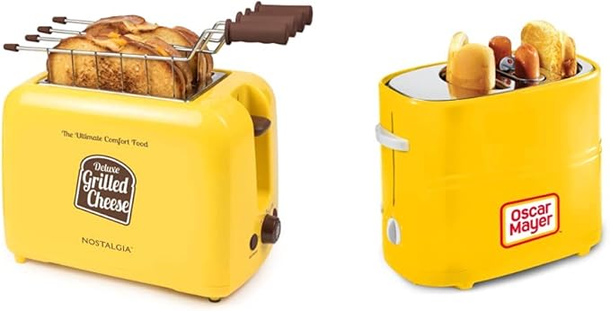 Nostalgia GCT2 Deluxe Grilled Cheese Sandwich Toaster With Extra Wide Slots &amp Oscar Mayer 2 Slot Hot Dog and Bun Toaster With Mini Tongs Yellow