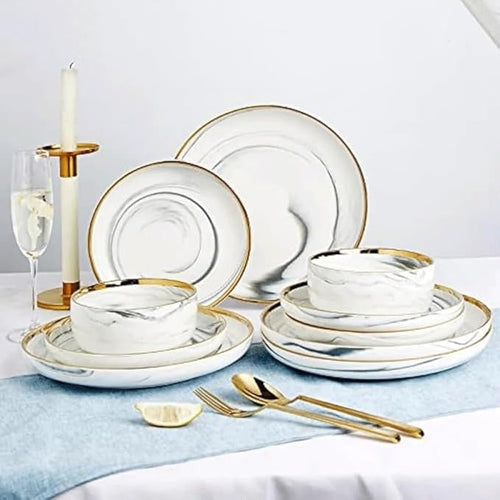 12 Piece Marble Porcelain Round Stoneware Dinner Dish Sets Dinnerware Plates and Bowls for 4