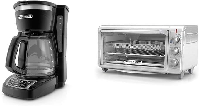 BLACK+DECKER 12-Cup Digital Coffee Maker CM1160B Programmable Washable Basket Filter &amp 8-Slice Crisp 'N Bake Air Fry Toaster Oven TO3265XSSD 5 Cooking Functions