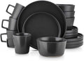 16 Piece Modern Trendy Stoneware Dinnerware Set Service for 4 Unique Lipped Edge Fully Dishwasher Microwave Safe Solid Color Black Dinnerware Set Round Dinner &amp Salad Plates Round Bowls and C