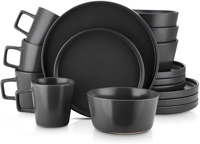 16 Piece Modern Trendy Stoneware Dinnerware Set Service for 4 Unique Lipped Edge Fully Dishwasher Microwave Safe Solid Color Black Dinnerware Set Round Dinner &amp Salad Plates Round Bowls and C