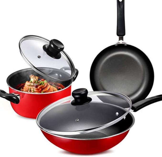 Cookware Set 3-Piece Pot &amp Pan Sets Induction Safe SaucepanWokStock Potwith Glass LidComfortable Handle Suitable for Gas Induction Cooker Easy to Clean Cookware