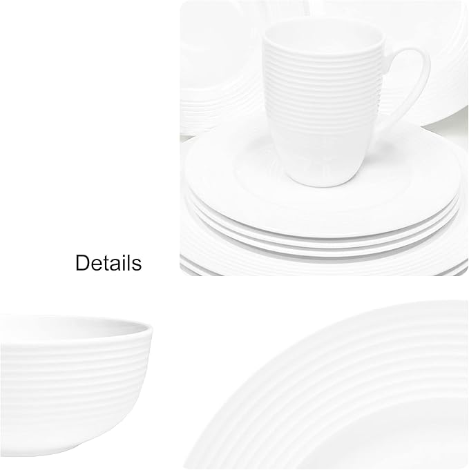 Bone China 16 Piece Dinnerware Dish Set Service for 4 White Embossed Circle Microwave Safe Translucent Elegant giftware Essential Home Formal and Everyday Living Kitchen Dishes Dinner Set