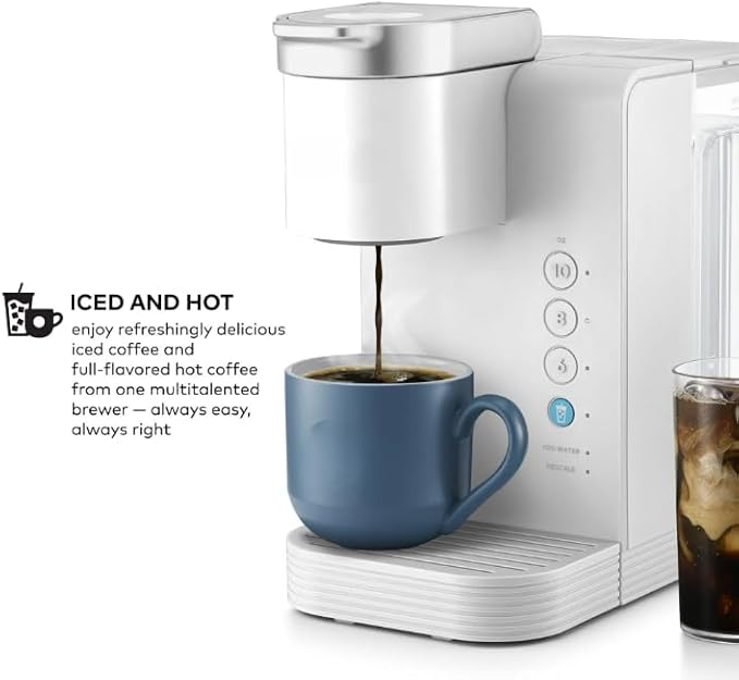 KeurigK K- Express Essentials Plus Iced and Hot Single Serve K Cup Pod Coffee Maker Versatile Brewing (6 8 10oz) 36 oz removable water reservoir (White)