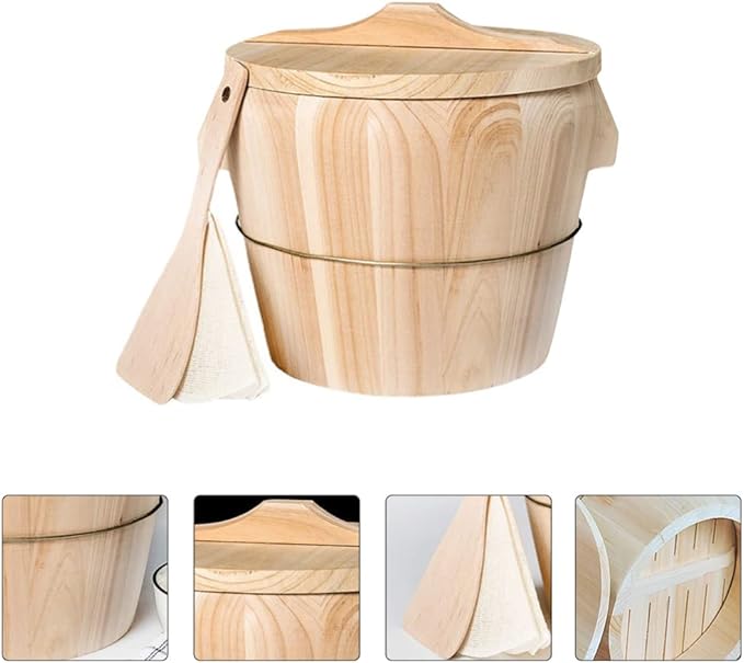 jojofuny Wooden Rice Steamer Bucket 8.26X6.49X6.49 Inch Natural Chinese Material Handmade Steamed Rice Barrel with Iron Handles Removable Bottom for Even Cooking and Easy Cleaning