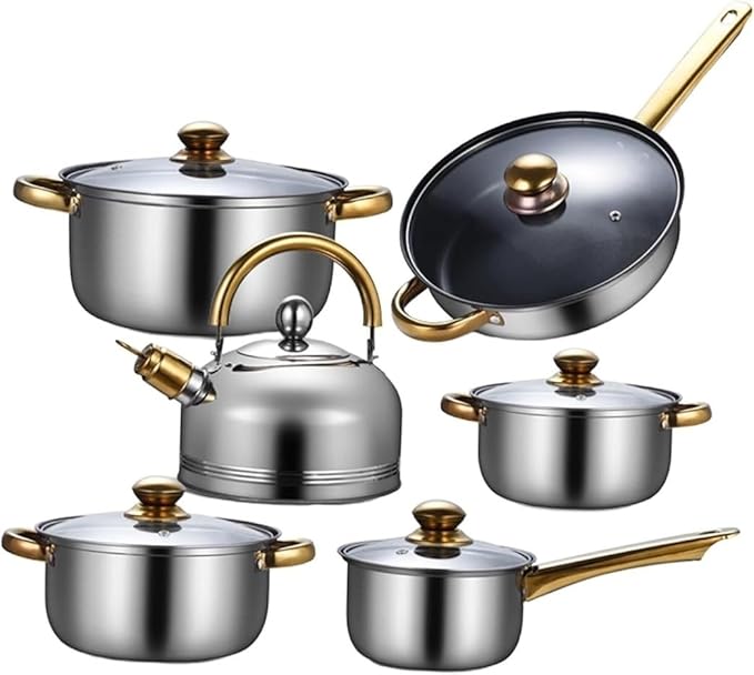 Pots and Pans Set 6 Pieces Stainless Steel Cooking Set Portable with Glass Lid Cookware Pots and Pans Set for Home Kitchen Cooking Set(A)