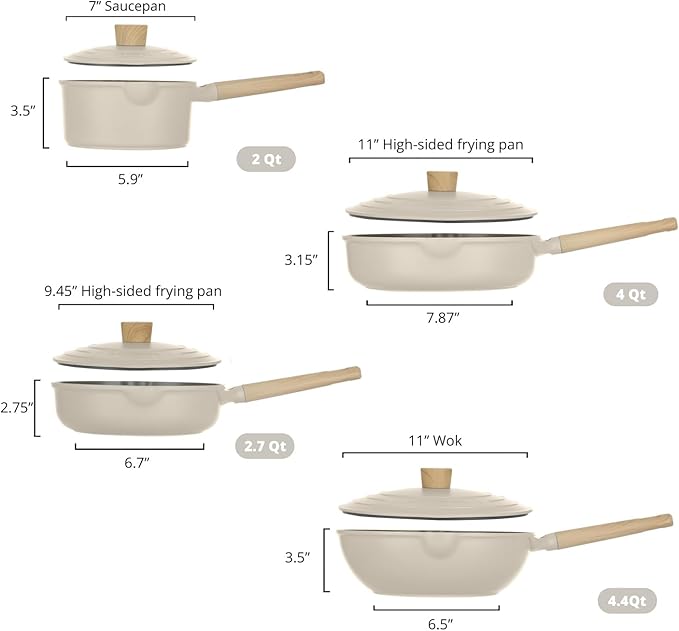 8Pcs Pots and Pans set Nonstick Cookware set Die-cast Aluminum cookware Kitchen Induction Pots and Pans cooking set Lid design PFOA-free Cream (ivory 8Pcs)