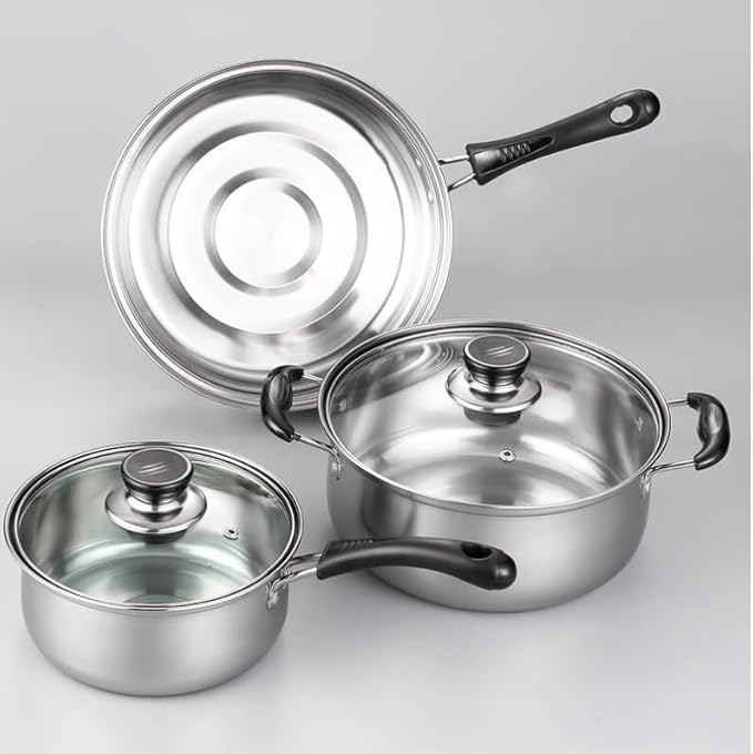 3-Piece Stainless Steel Cookware Set – Soup Pot Frying Pan Milk Pan with Glass Lid – Induction CompatibleHealthy Cooking