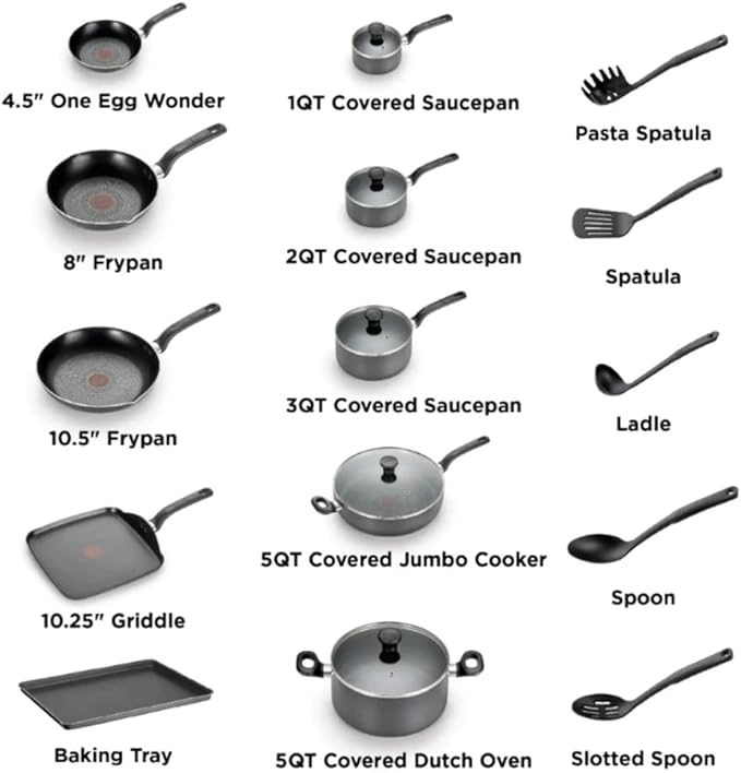 T-fal Easy Care Nonstick Cookware 20 Piece Set Grey Dishwasher Safe pots and pans non stick cooking pot Gray United States New