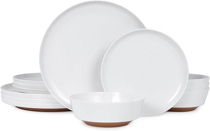 Webbylee 12-Piece Melamine Dinnerware Set for 4 – Unbreakable Plates &amp Bowls BPA-Free Lightweight Two-Tone White &amp Brown Ideal for Family Meals Camping Picnic Parties