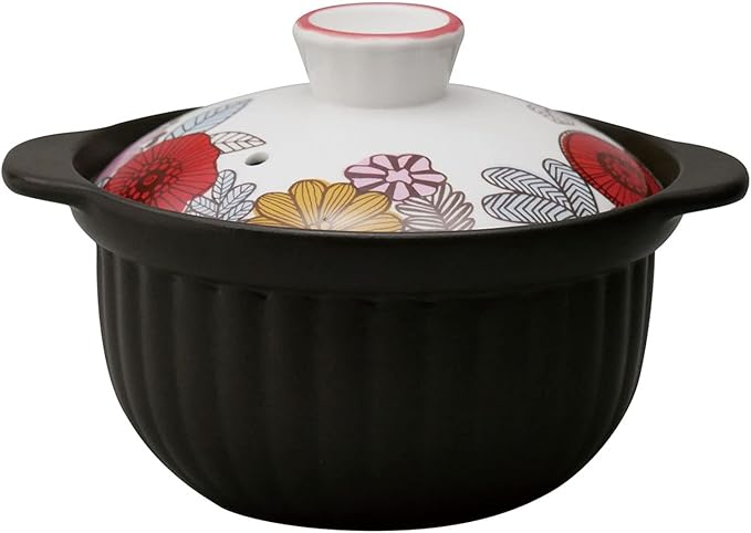 Suzuki 7223-0700 Rice Earthenware Pot 2 Cups Direct Fire Microwave Compatible Approx. 7.9 inches (20 cm) Thermatec Floral Pattern Anthurium Black