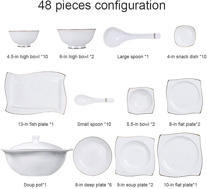 Ceramics Dinnerware Set with 48-PieceBowl/Dish/Soup Pot/Spoon|Bone China Dinner SetsGold Stroke Pattern Porcelain Combination Set