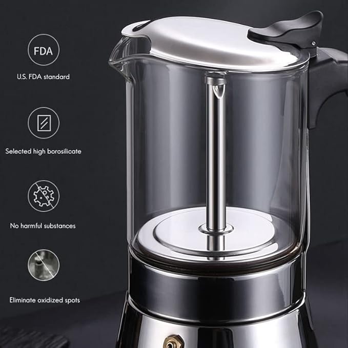 Coffee Press Espresso Maker Glass Stainless Steel Moka Pot Espresso Shot Maker for Strong Coffee Maker Pots(240ml)