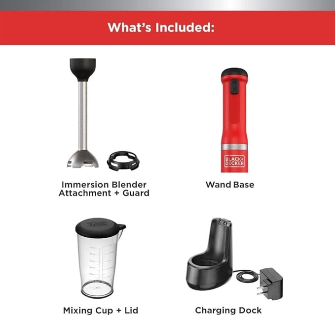 BLACK+DECKER Kitchen Wand Cordless Immersion Blender Hand Blender with Charging Dock Red (BCKM1011K06)