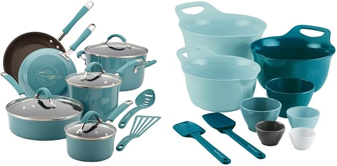 Rachael Ray Cucina Nonstick Cookware Pots and Pans Set 12 Piece Agave Blue &amp Tools and Gadgets Mix and Measure Cooking/Baking Prep Set with Mixing Bowls Measuring Cups and Tools