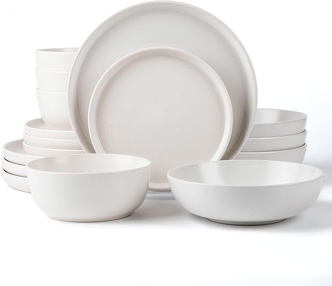 SKUGGA Round Stoneware 16pc Double Bowl Dinnerware Set for 4 Dinner and Side Plates Cereal and Pasta Bowls - Matte White(466077)
