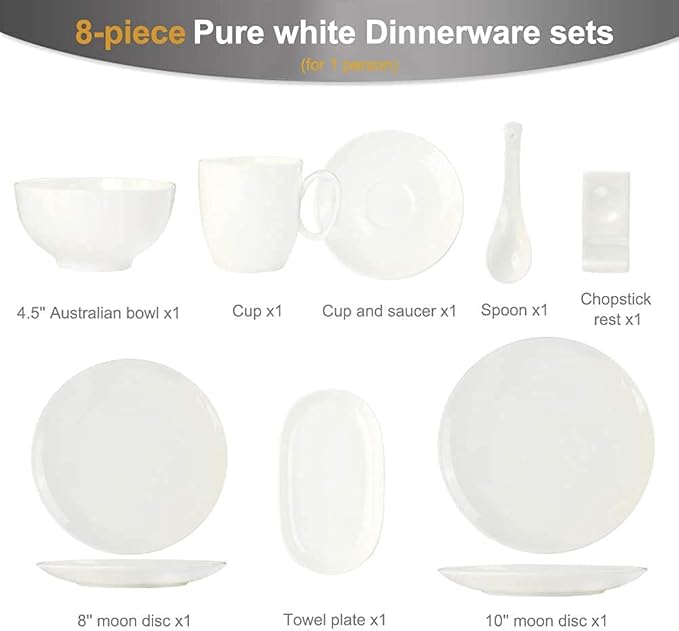 Pure White Porcelain Dinnerware Set Tableware Set Stoneware Dish Dinner Plates Dinner Set Dinner Service for1/2/4/10/16 People80 PCS (White 16 PCS(2 Set))