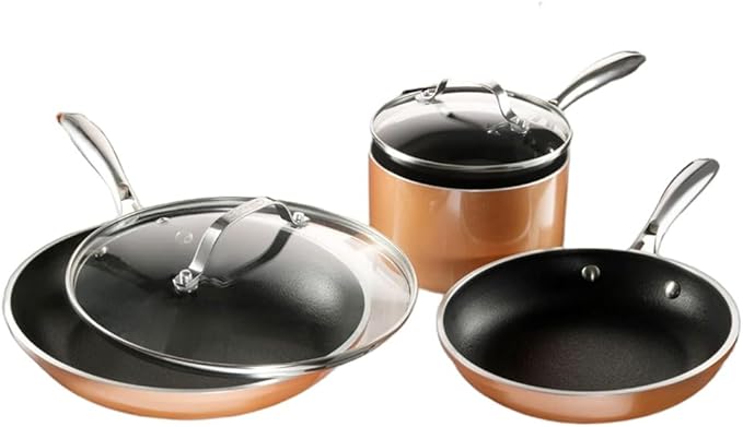 Copper Cast 5 Piece Cookware Pots and Pan Set with Triple Coated Nonstick Copper Surface Aluminum Composition for Even Heating5 PcOne