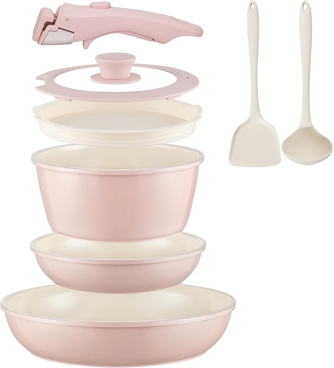 Ceramic Cookware Set Non Stick 8Pcs Pots and Pans Set Detachable Handle Induction Kitchen Cooking Set with Frying Pans Oven Dishwasher Safe PFAS/PFOA Free Pink