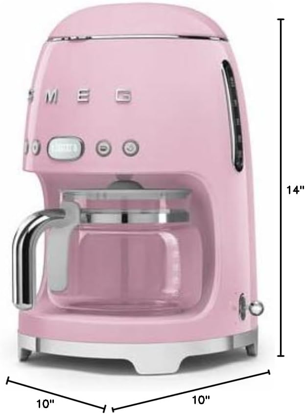 Smeg DCF02 Drip Coffee Maker Bundle with Extra Glass Carafe DCFC01 – 10-Cup Capacity Auto Start Keep Warm Function Retro 1950s Design – Pink