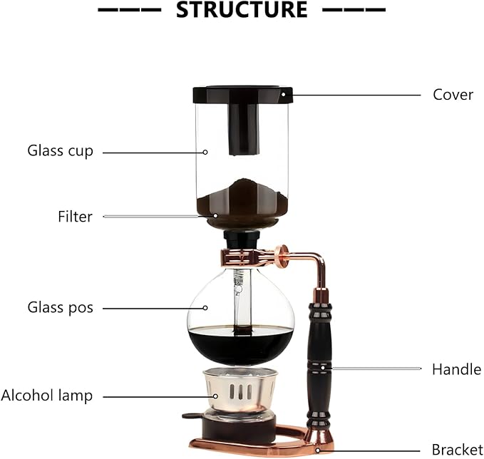 Portable Siphon Coffee Maker Tabletop Glass Siphon Coffee Pot 5-Cup (600ml) with Alcohol Burner Adjustable Buffer Clamp Stainless Steel Bracket Base for Coffee Aficionados
