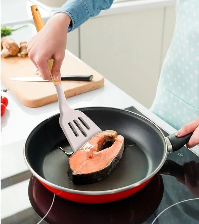 14-Piece Silicone &amp Bamboo Cooking Utensil Set Food-Grade Cooking Tools with Wood Handles Scratch-Free for Nonstick Cookware Heat Resistant Easy Clean Dishwasher Safe