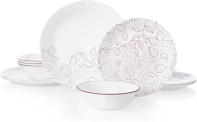 Corelle Leaf Stitch 12-Piece Dinnerware Set Service for 4 red