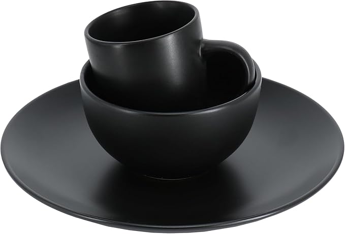 12 Piece Stoneware Dinnerware Set – Round Plates Bowls &amp Mugs for 4 Dishwasher &amp Microwave Safe Modern Matte Finish (Black)