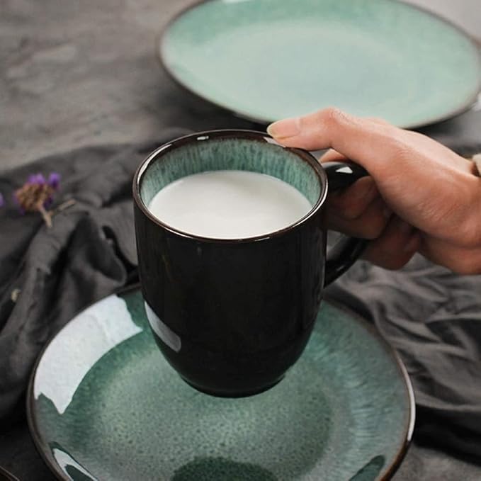 Polished Fine Dinnerware Set 5 Pieces Retro Porcelain Dishes Kiln Changing Glaze Process Green Glaze Peacock Pattern Plate Set