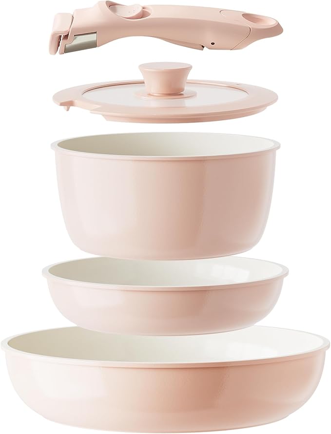 Redchef Ceramic Cookware Set Removable Handle Pots and Pans Non-Stick Rv Cookware Set Non-Toxic Pots and Pans Set No PFAS PTFE PFOA Detachable Pots and Pans Dishwasher &amp Oven Safe (Pink)