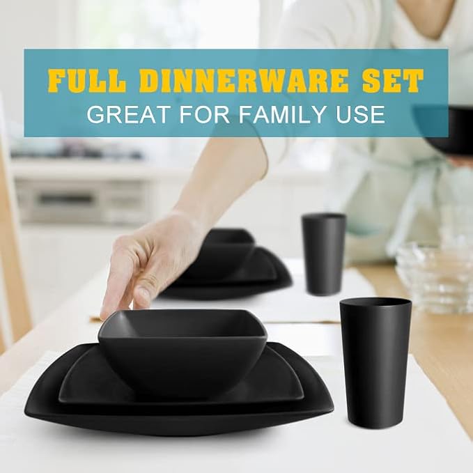 Teivio 48-piece Wheat Straw Square Dinnerware Set for 12 Unbreakable Dinner Plates Salad Plates Snack Bowls Tumblers 13.5 oz Dishwasher Safe Black