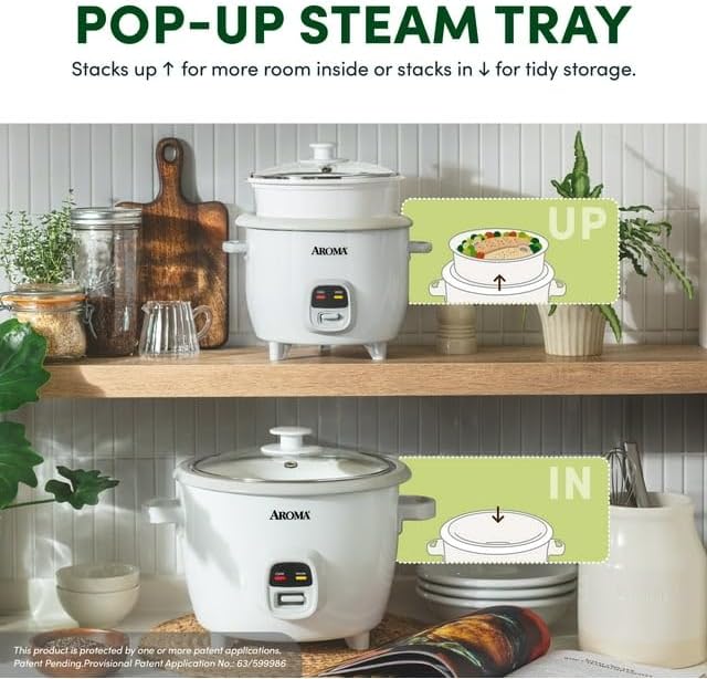 6-Cup Rice Cooker &amp Food Steamer with Nonstick Ceramic &amp Pop-Up Steam Tray - White (Renewed)