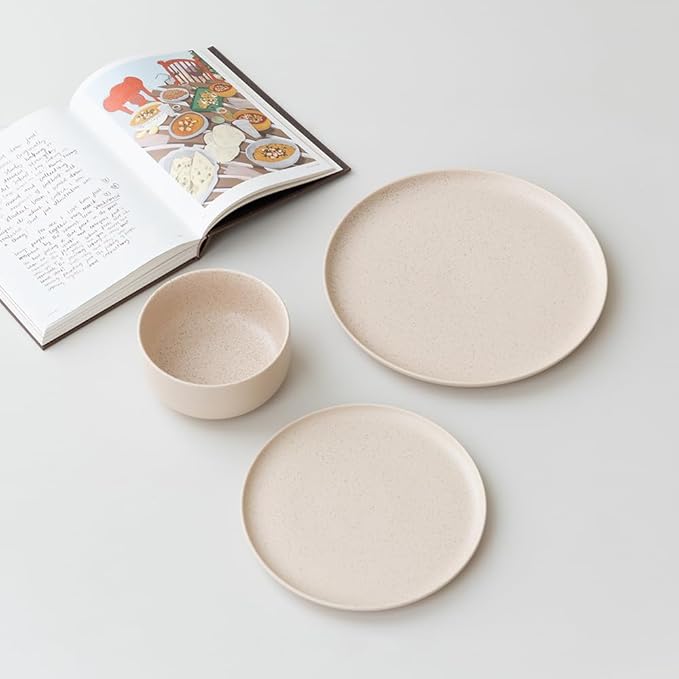 Stoneware Plates and Bowls Set - 12pcs Reactive Glazed Dinnerware Service for 4 Scratch &amp Chip Resistant (Oat Beige)
