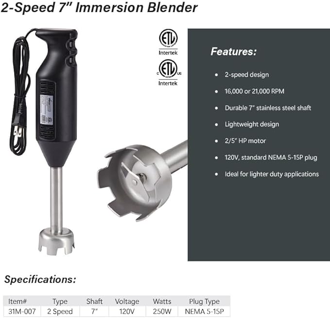 Commercial Two Speed Immersion Blender 2/5HP 7 Hand Held Immersion Blender 120V 200W