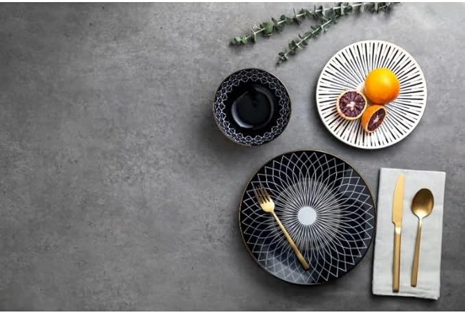 12 Piece Stoneware Dinnerware Set Service for 4 Family Dinner Party Plates and Bowls