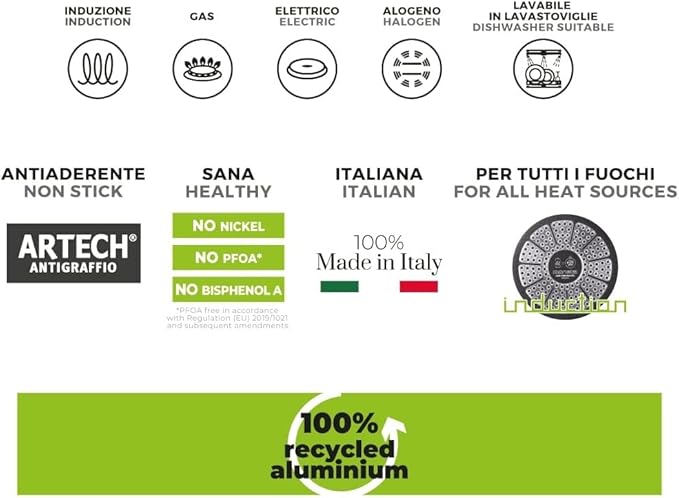 Moneta GEA Minispace Battery 6 Pieces with Removable Handle 100% Recycled Aluminium Also for Induction. Made in Italy