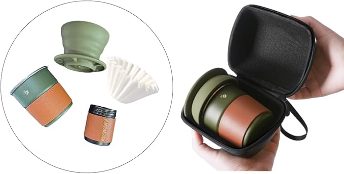 Portable Pour Over Coffee Maker Set with Carrying Case Collapsible Silicone Dripper 304 Stainless Steel Filter Cup V60 Compatible Black Outdoor Camping Travel Kit (Green with Cupcake Filter)