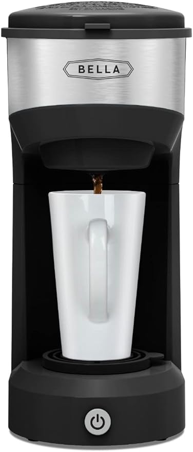 BELLA Dual Brew Single Serve Coffee Maker Brews both Kcup and Ground Coffee Large 14oz Capacity Easy One Touch Auto Shutoff Black