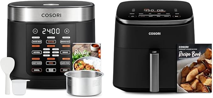 COSORI Rice Cooker Maker 18 Functions Multi Cooker Stainless Steel Steamer Warmer &amp Air Fryer TurboBlaze 6.0-Quart Compact Airfryer that Roast Bake Proof 9 Functions