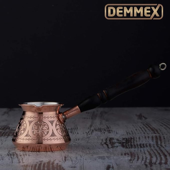 DEMMEX Thickest Copper Turkish Greek Arabic Coffee Pot Stovetop Coffee Maker Cezve Ibrik Briki with Wooden Handle &amp Spoon Hand Engraved