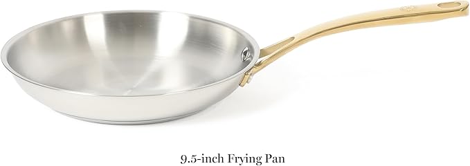 Martha Stewart Castelle 9.5-Inch Stainless Steel Frying Pan with Gold-Tone Handle – Tri-Ply Encapsulated Bottom Oven Safe &amp Induction Safe Skillet for Searing and Sautéing