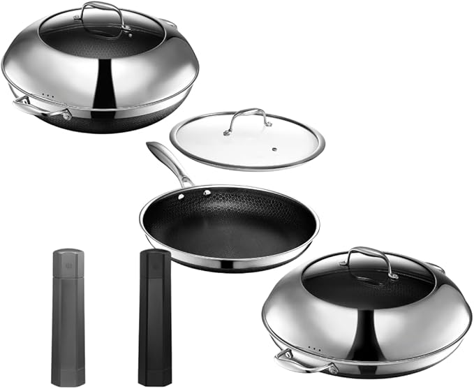 HexClad Hybrid Nonstick 8-Piece Cookware Set 12 Pan with Lid 14 Pan with Lid 14 Wok with Lid and Salt and Pepper Grinder Set