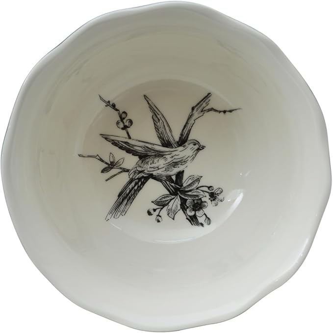222 Fifth Adelaide 16-Piece Black Porcelain Dinnerware Set – Service for 4 Featuring Hand-Applied Romantic Woodland Bird Design Everyday Big Dinner Plates and Bowls Sets Microwave &amp Dishwasher